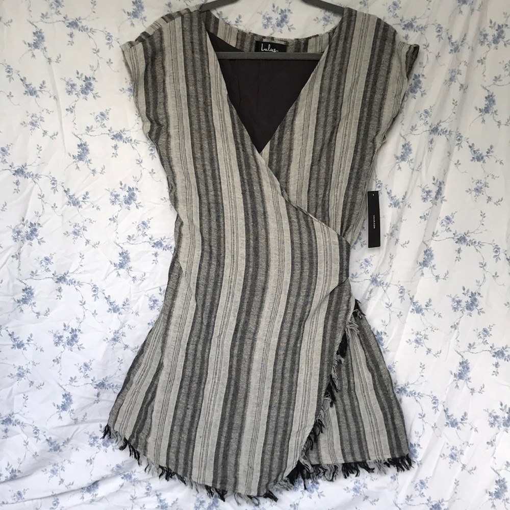 ISLAND RETREAT GREY STRIPED WRAP DRESS